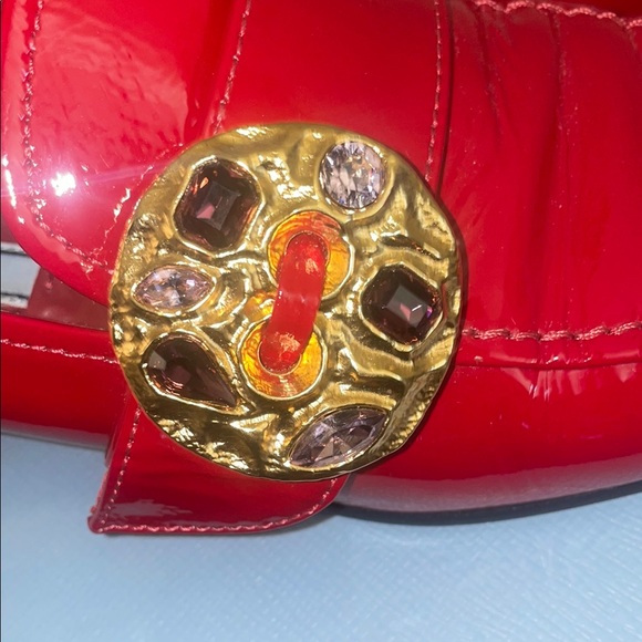 Prada Women's Red Patent Leather Loafers with Gold Accents - Picture 4 of 16